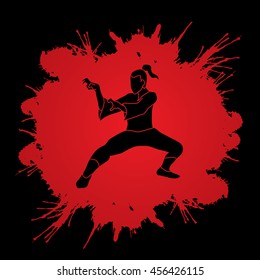 Kung fu action designed on splatter blood background graphic vector.