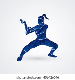 Kung fu action designed using blue grunge brush graphic vector.