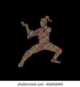 Kung fu action designed using colorful pixels graphic vector.