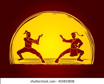 Kung Fu action ready to fight designed on moonlight background graphic vector.