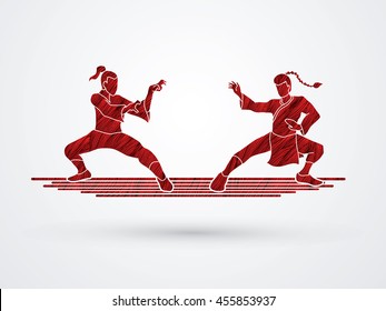 Kung Fu action ready to fight designed using red grunge brush graphic vector.
