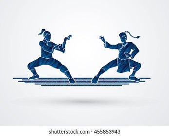 Kung Fu action ready to fight designed using blue grunge brush graphic vector.