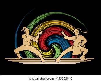 Kung Fu action ready to fight designed on spin wheel background graphic vector.