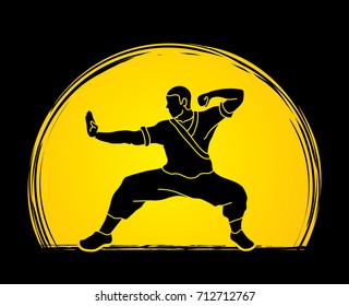 Kung fu action ready to fight designed on sunset background graphic vector.