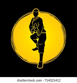 Kung fu action ready to fight front view designed on moonlight background graphic vector.