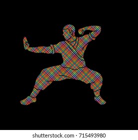 Kung fu action ready to fight designed using colorful pixels graphic vector.