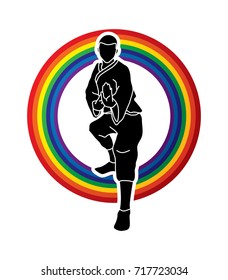 Kung fu action ready to fight front view designed on rainbows background graphic vector.