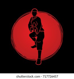 Kung fu action ready to fight front view designed on sunlight background graphic vector.