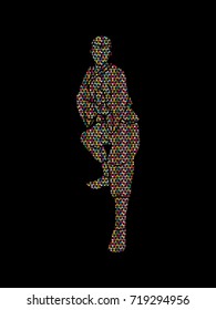 Kung fu action ready to fight front view designed using colorful mosaic graphic vector.