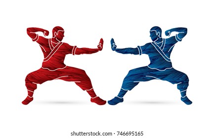 Kung fu action ready to fight designed using grunge brush graphic vector.