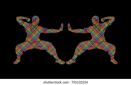 Kung fu action ready to fight designed using colorful mosaic graphic vector.