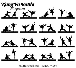 Kung fu battle silhouettes vector illustration set