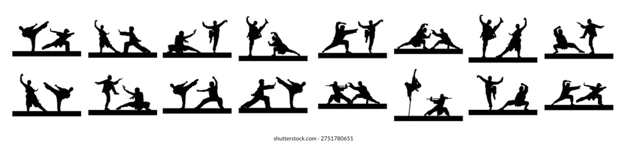 kung fu battle silhouettes vector illustration set 