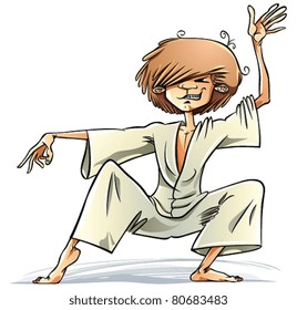 Kung fu boy. Teenager boy in kimono martial arts training. Vector illustration.