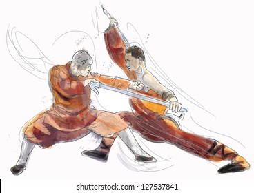 Kung Fu, Chinese martial art. /// A hand drawn illustration converted into vector of Chinese martial arts, popularly referred to as kung fu. /// Vector is editable in 4 layers.