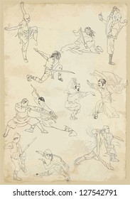 Kung fu - Chinese martial art. /// Collection of vector sketches in a simple contours.