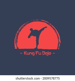 Diseño del logo de Kung fu Dojo, con siluetas de personas haciendo kung fu y círculos abstractos