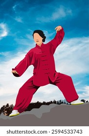 Kung fu fighter performing martial arts on top of a mountain with cloudy blue sky