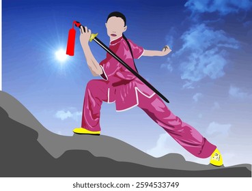 Kung fu fighter performing wushu with jian on top of a mountain at sunrise