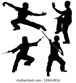 Kung Fu Fighter Silhouette On White Background