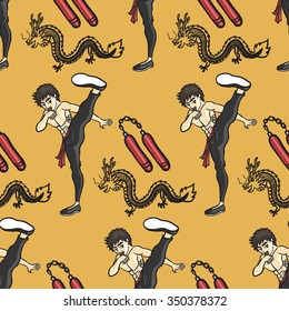 Kung Fu High Kick Seamless Pattern On Yellow Background