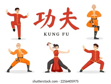 Kung Fu Illustration mit Leuten, die chinesische Sport-Kampfkunst in flachem Cartoon Hand gezeichnet für Web-Banner oder Landing Page-Vorlagen