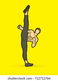 Kung fu, Karate high kick front view graphic vector.