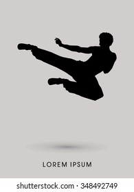 Kung fu, Karate jump kick , silhouette graphic vector.