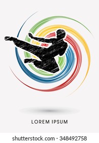 Kung fu, Karate jump kick , designed using grunge brush on colorful spin circle background  graphic vector.