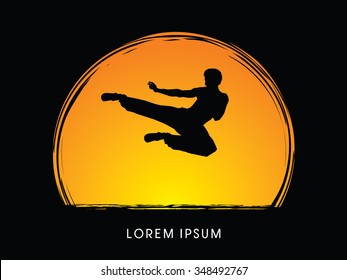 Kung fu, Karate jump kick, designed on moonlight background graphic vector.