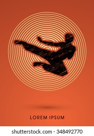 Kung fu, Karate jump kick , designed using grunge brush on line circle background graphic vector.
