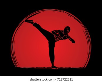 Kung fu, Karate Kick entworfen auf Sonnenuntergang oder Sonnenaufgang Hintergrund grafische Vektorgrafik.