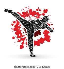 Kung fu, Karate kick designed on splatter blood background graphic vector.