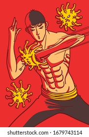 kung fu man punching virus covid-19