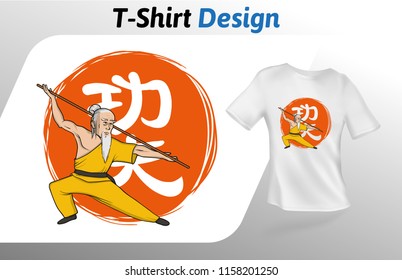 Kung fu master on Chinese hieroglyph meaning kung fu, t-shirt print. Colorful mock up t-shirt design template. Vector template, isolated on white background.