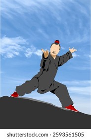 Kung fu master practicing martial arts on top of a mountain with cloudy blue sky