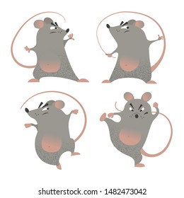 Kung Fu mice set. Cartoon illustrations of comic mouse fighters. Symbols of 2020 year by Chinese Horoscope. Different poses. Martial arts mascots. Vector drawings isolated on white.