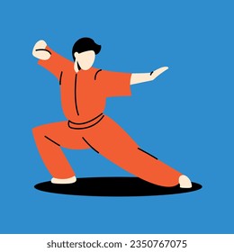 Kung fu player color concept. Martial art  isolated on color background. Digital illustration for web page, mobile app, promo.