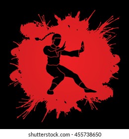 Kung fu pose, designed on splatter blood background graphic vector.