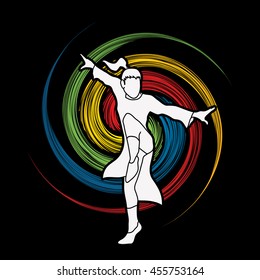 Kung fu pose, designed on grunge spin wheel background graphic vector.