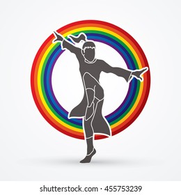 Kung fu pose, designed on line rainbows background graphic vector.