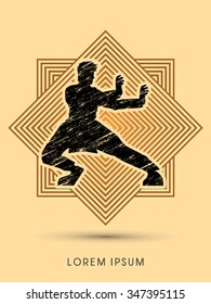 Kung fu pose, designed using grunge brush on line square graphic vector.