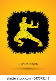 Kung fu pose, designed using grunge on ink splash background brush graphic vector.