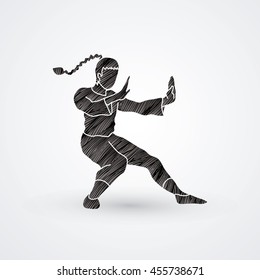 Kung fu pose, designed using black grunge brush graphic vector.