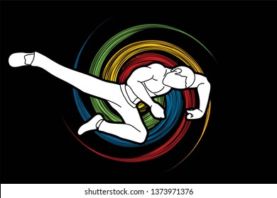 Kung Fu pose kick boxing jumping attack graphic vector.