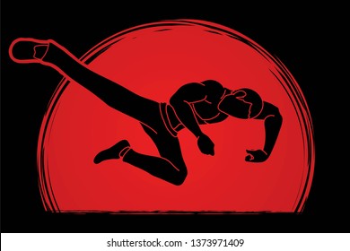 Kung Fu pose kick boxing jumping attack graphic vector