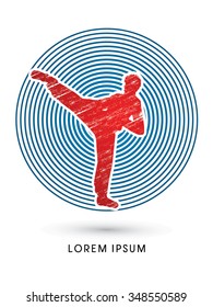 Kung fu pose, man kicking designed using grunge brush on circle background graphic vector.