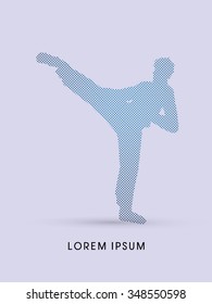 Kung fu pose, man kicking designed using dot and square graphic vector.