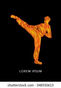Kung fu pose, man kicking designed using grunge fire brush graphic vector.