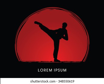 Kung fu pose, man kicking designed on sunset or sunrise background graphic vector.